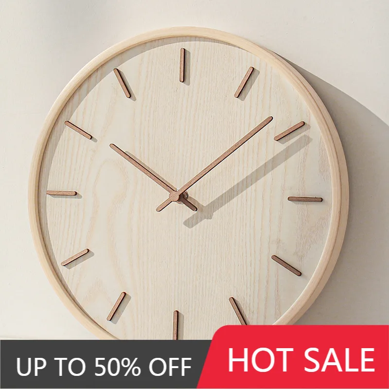 Japanese-style Household Mute Wall Clock Living Room Bedroom Simple Modern Decorative Wall Watch Wooden Quartz Clock Round