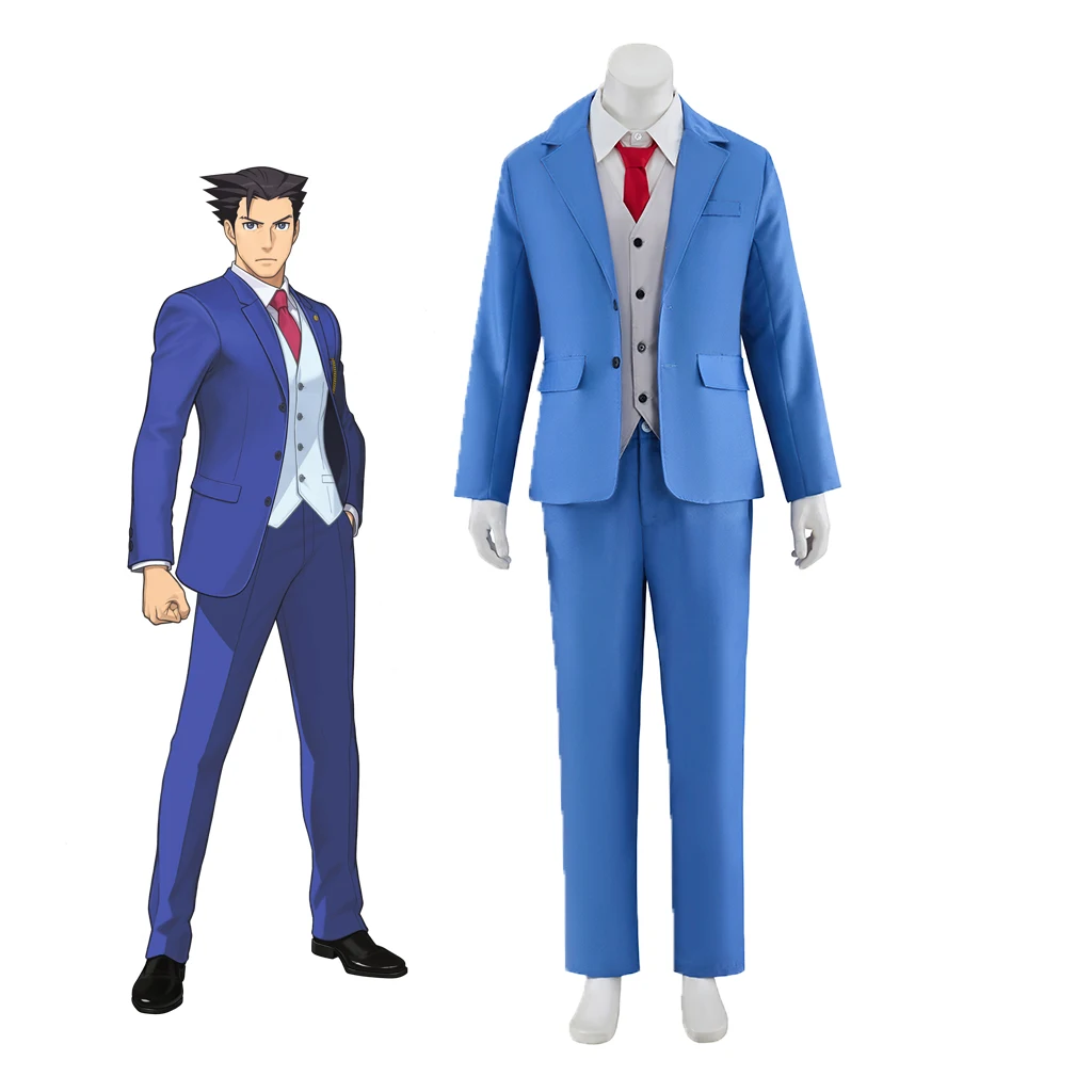 

Ace Attorney Phoenix Wright Косплей Костюм Мужская синяя униформа Костюм Куртка с галстуком Хэллоуин Ролевые игры Наряды