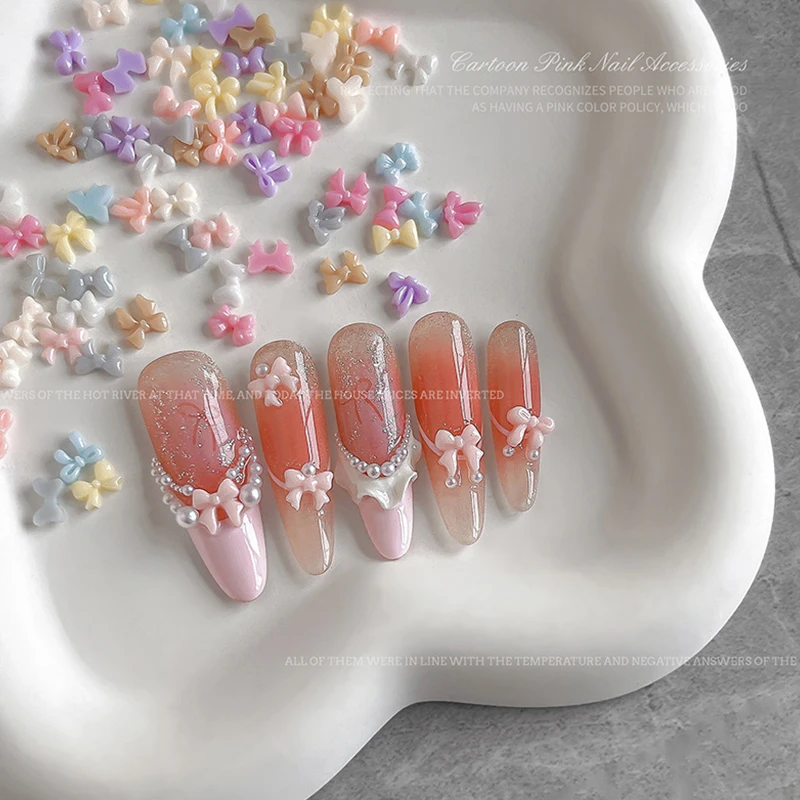 50pcs Candy สีโบว์เล็บอะไหล่ Charms MINI เรซิ่นริบบิ้นเล็บ Rhinestones DIY ฤดูร้อนอุปกรณ์ตกแต่งเล็บ