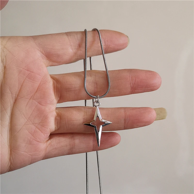 Kpop Punk Grunge Silver Color Star Cross Pendants Necklace For Men Women Couple Vintage Aesthetic Jewelry Y2K EMO Accessories