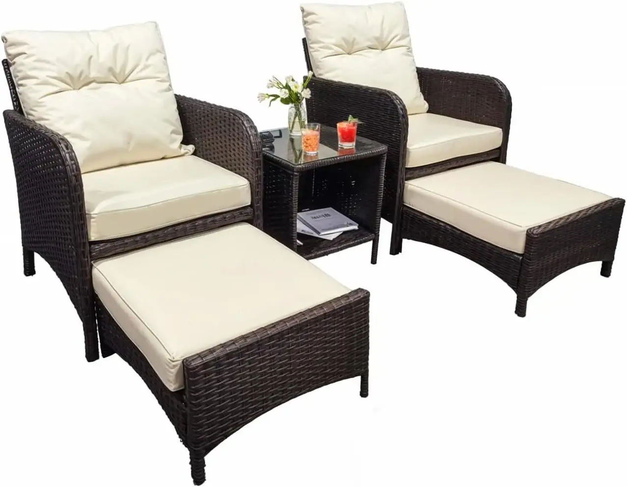 5 Pieces Wicker Outdoor Patio Chairs with Hidden Ottomans, Patio Furniture Set with Soft Cushions and Coffee Table