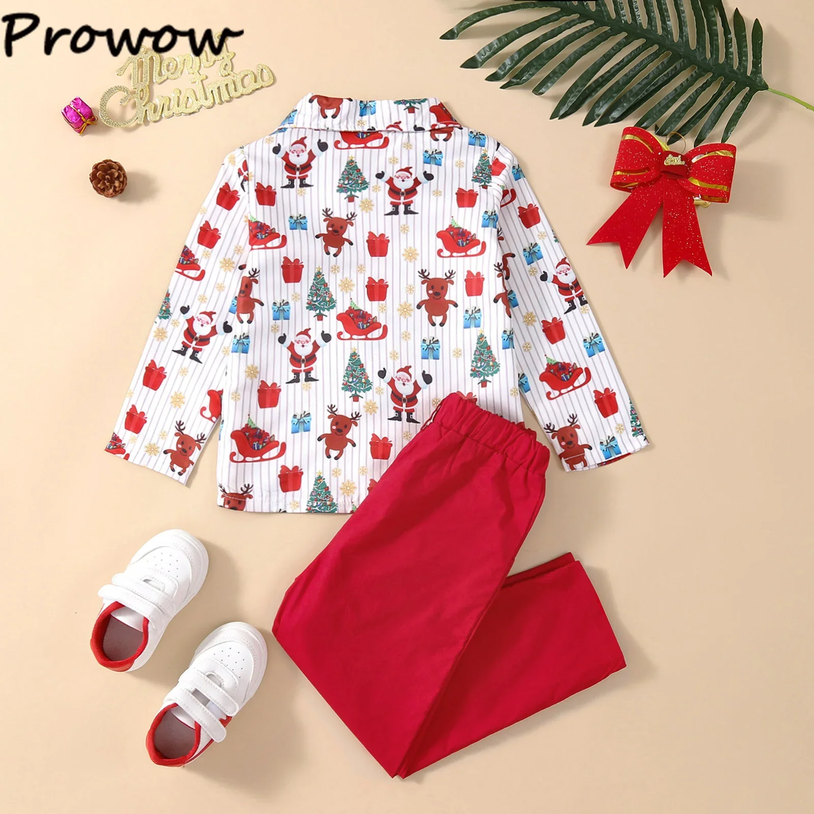 Boys Christmas Outfits For Kids Baby Festival Clothing Short/Long Sleeve Gentleman Shirts+Red Pants New Year Children\'s Costume