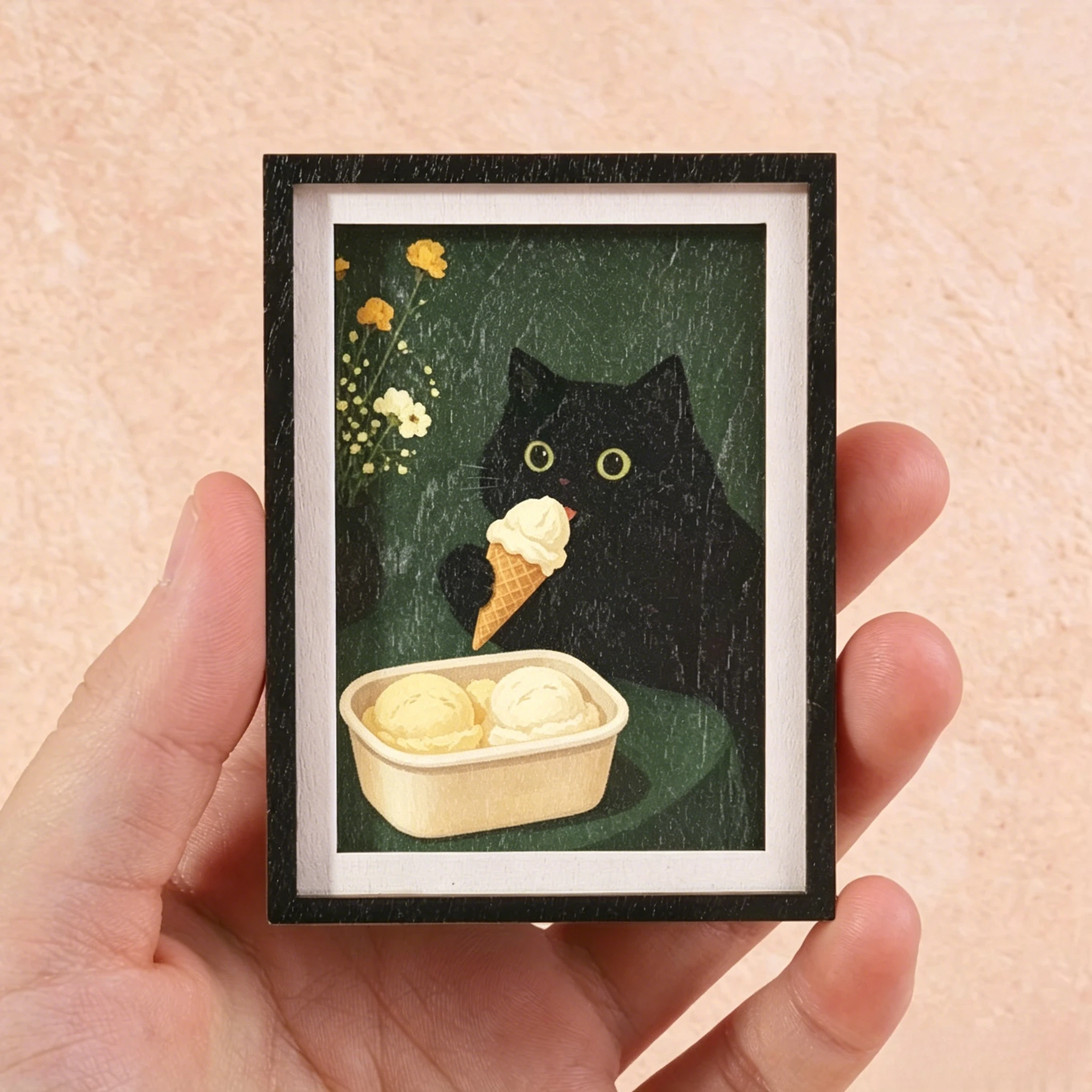 Wooden Framed Fridge Magnet, Cute Black Cat Eating Ice Cream Vintage Art Decor for Kitchen Refrigerator, Cat Lover Home Decor
