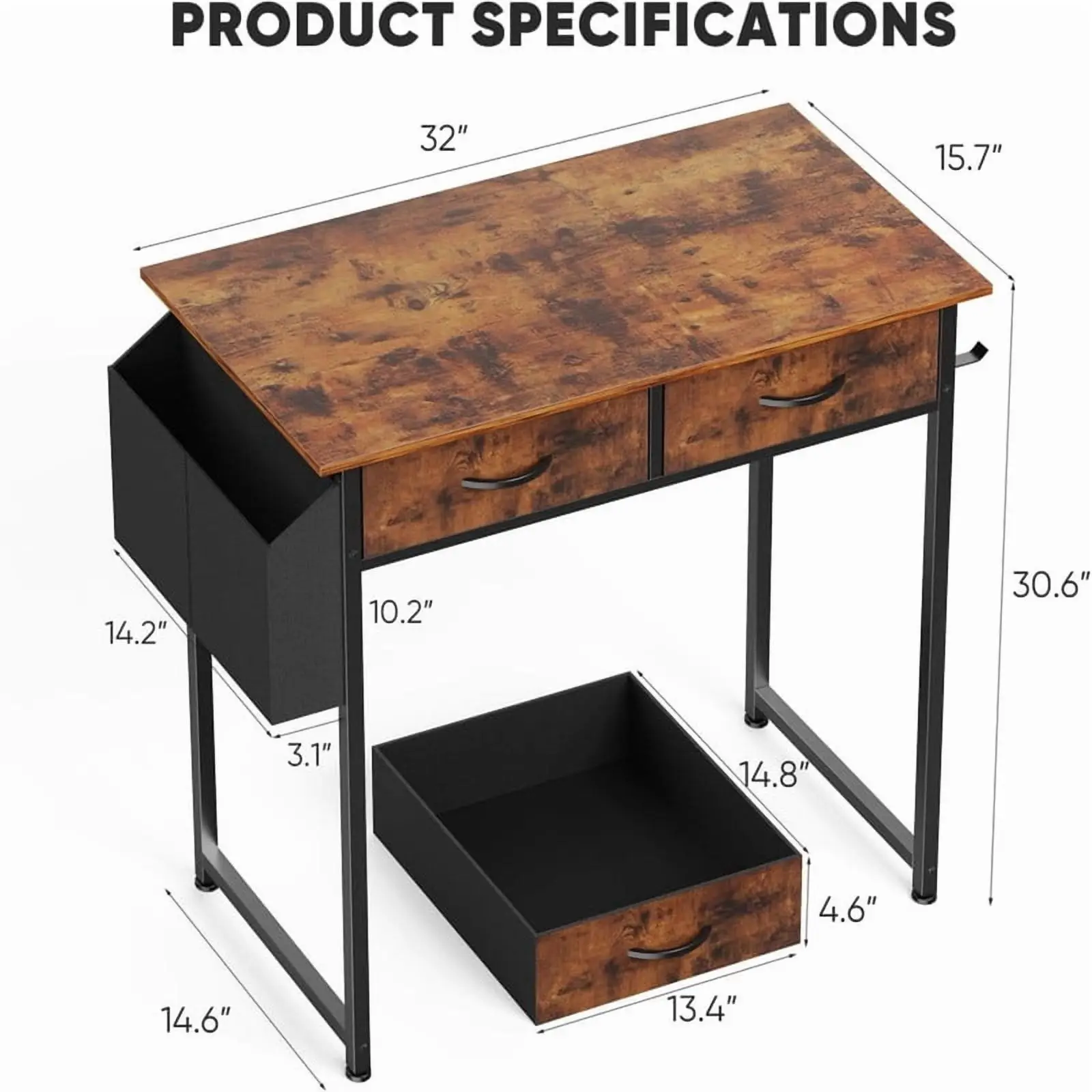 32 Inch Small Desk Computer with 2 Fabric Drawer Storage Bag Iron Hook Gaming Writing Table, Rustic Brown
