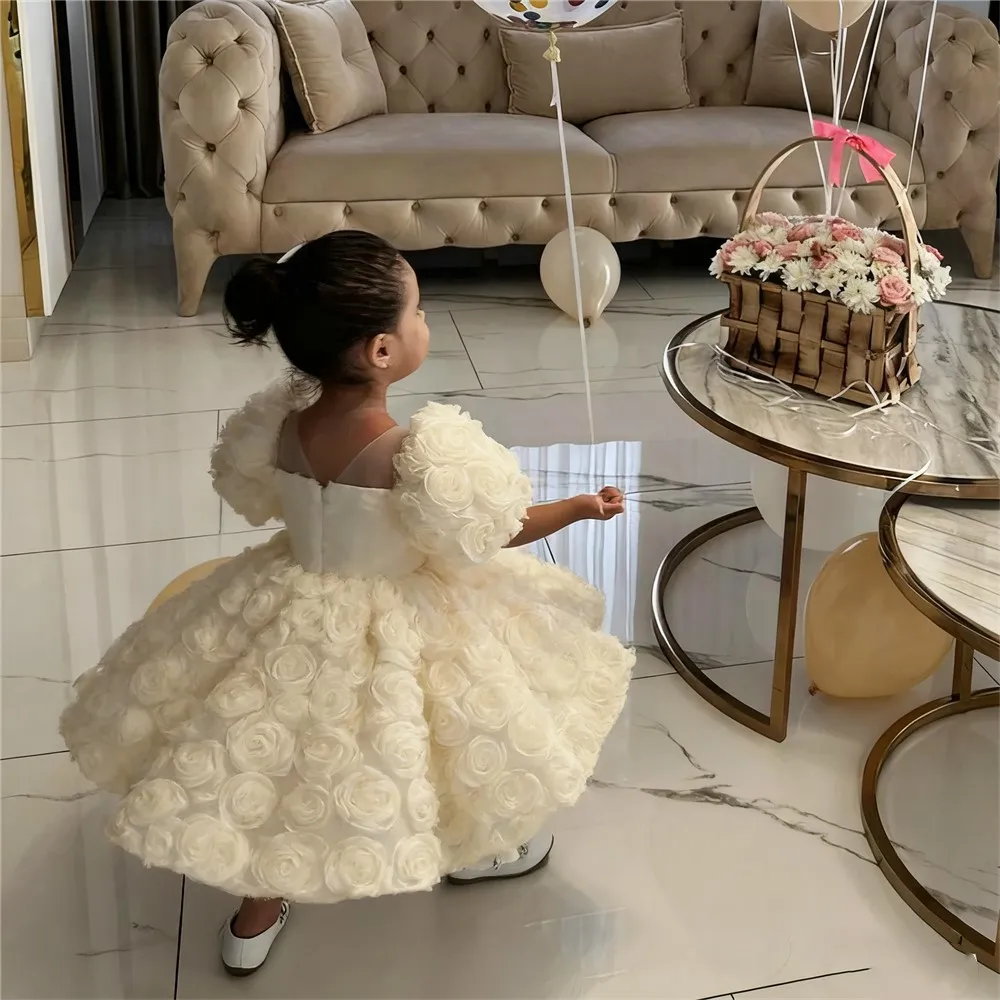 

Lovely Baby Flower Wedding Dress Bow Flowers Puff Sleeves Princess Birthday Gifts Party Dress First Communion Gown Customized