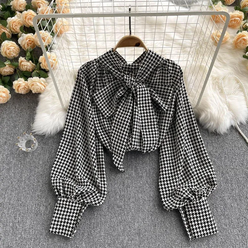 Korean Fashion Female Houndstooth Print Bow Blouse Autumn Sweet Lantern Sleeve Loose All-match Lace Up Shirt Women\'s Clothing