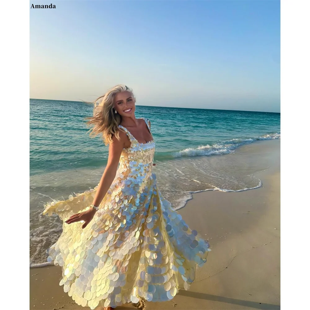 Amanda Customized Spaghetti Strap Flowy A-line Sequin Prom dresses Evening dress Square neck Romantic Party dresses Maxi dress