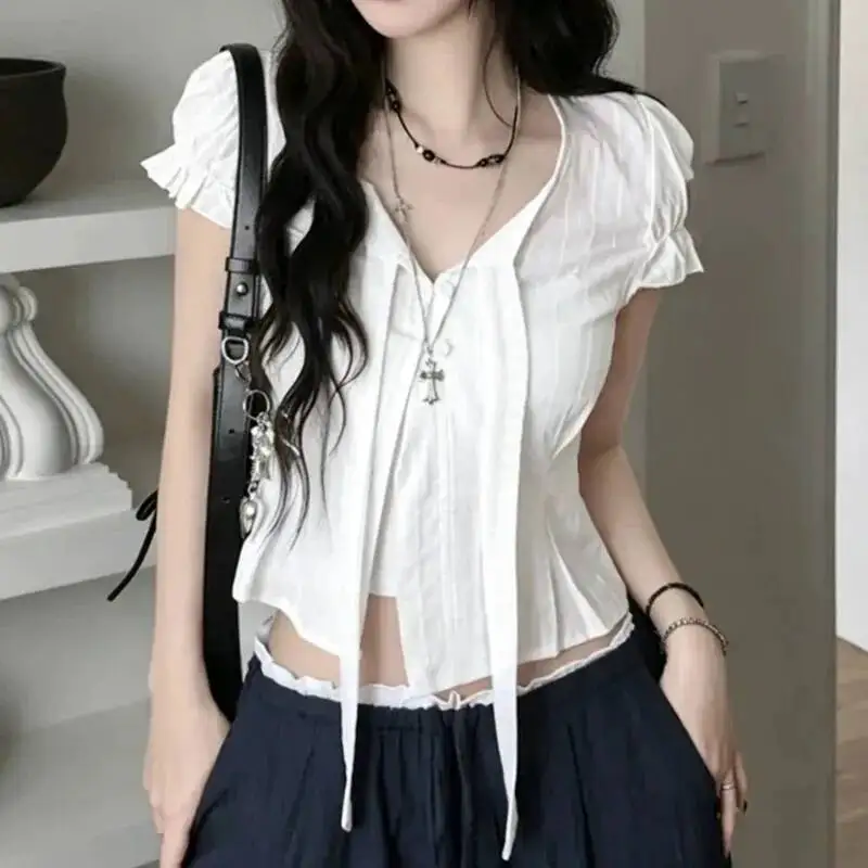 Bubble Sleeve Shirt For Women's Fluttering Bow Striped Short Slim Fit Round Neck Temperament Sweet Summer Comfortable Casual Top