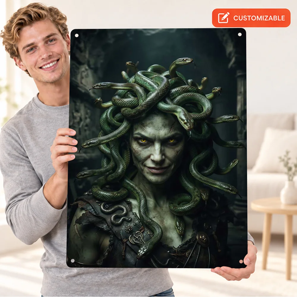 Medusa Portrait With Serpent Hair Textured Metal Poster Customized Aluminum Sign Dark Fantasy Illustration Wall Art In Game Room