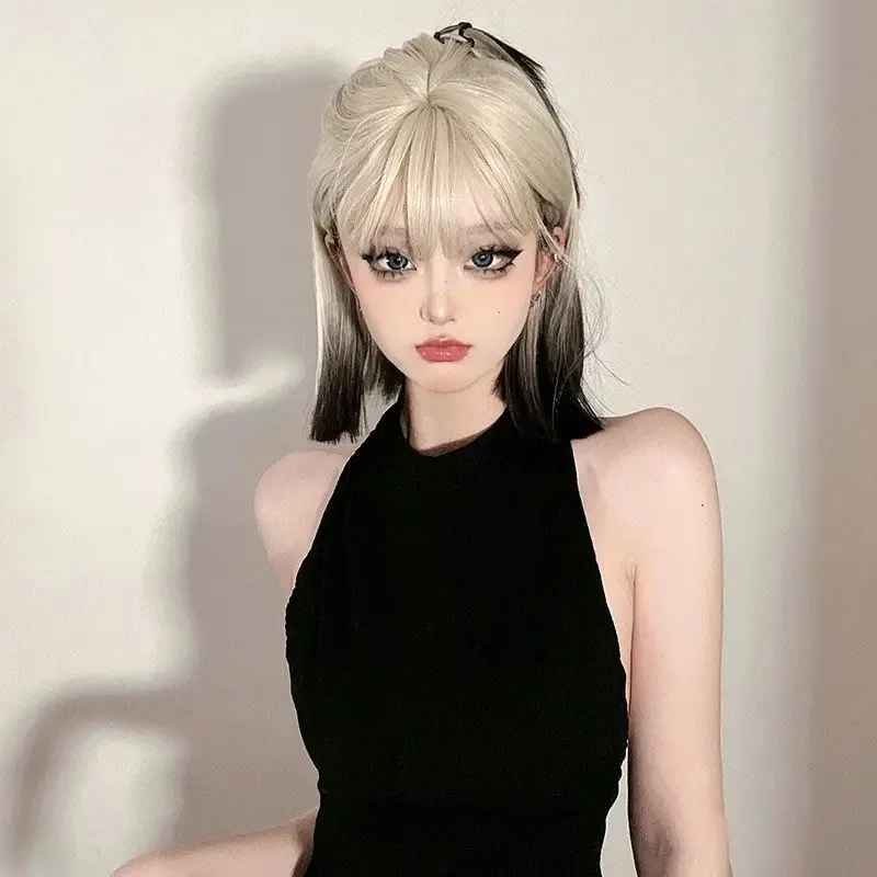 Peluca de pelo corto para mujer, subcultura de gradiente dorado blanco y negro, conjunto de cabeza completa, color claro, longitud hasta los hombros, pelo y2k neutro