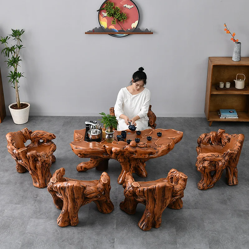 Imitation wood root carving tea table, table and chair combination set, tea set, one piece