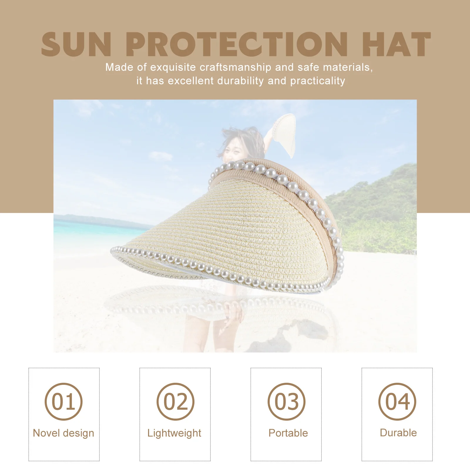 

1pcs Women Sun Hat Wide Brim Pearl Decor Hollow Out Breathable Summer Beach Outdoor Cap For Travel Cycling Shopping
