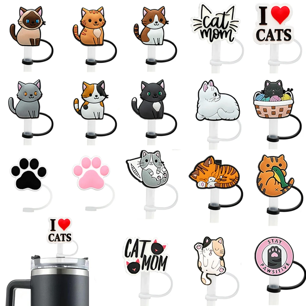 Cute Cat Animal Straw Cover Cap for Reusable Drinking Dust Cap Glas Cup Accessories,Straw Toppers 10mm Silicone Straw Cover