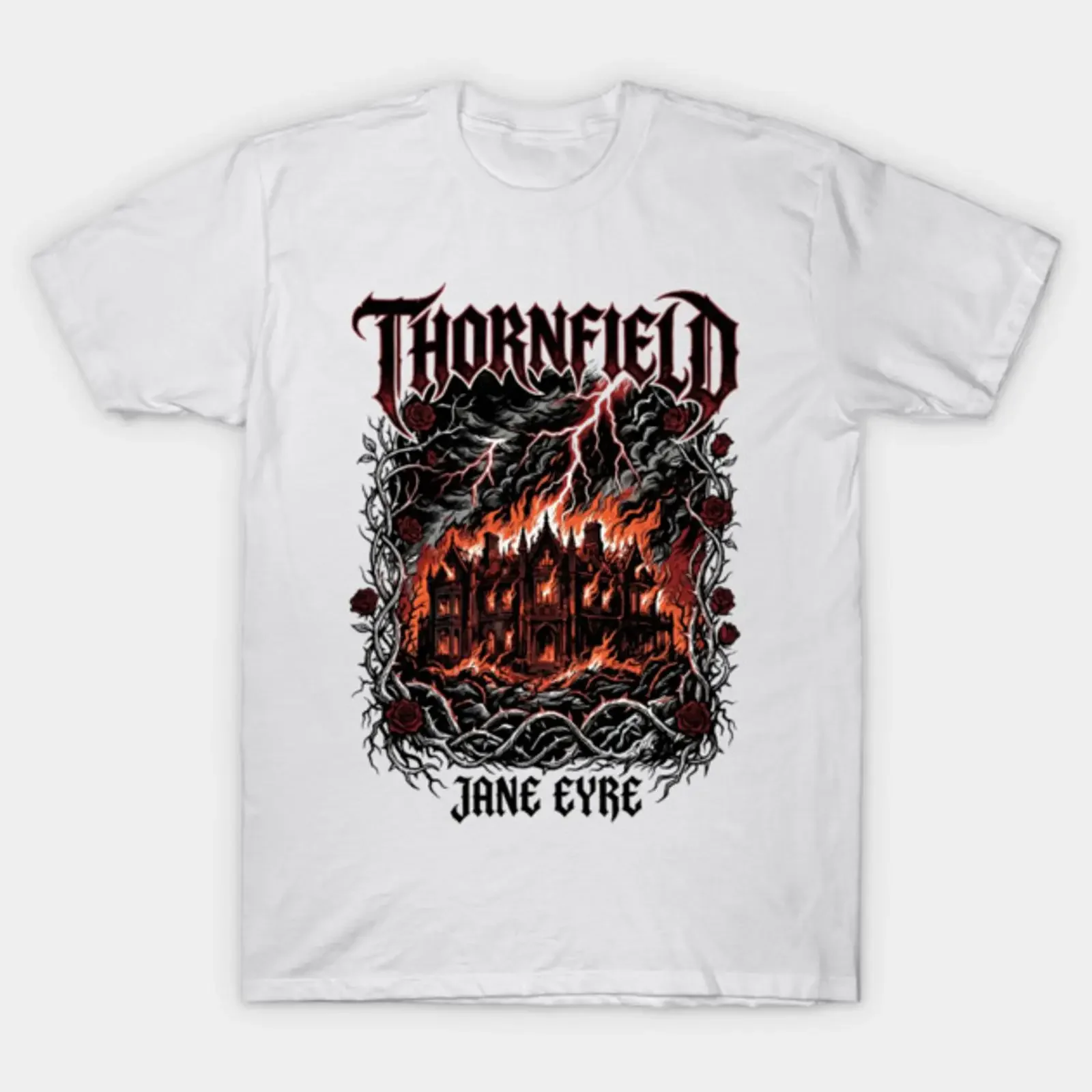 Jane Eyre Thornfield Burning Heavy Metal Gothic Castle T Shirt vintage Washed Stretched Stylish fashion designer clothes