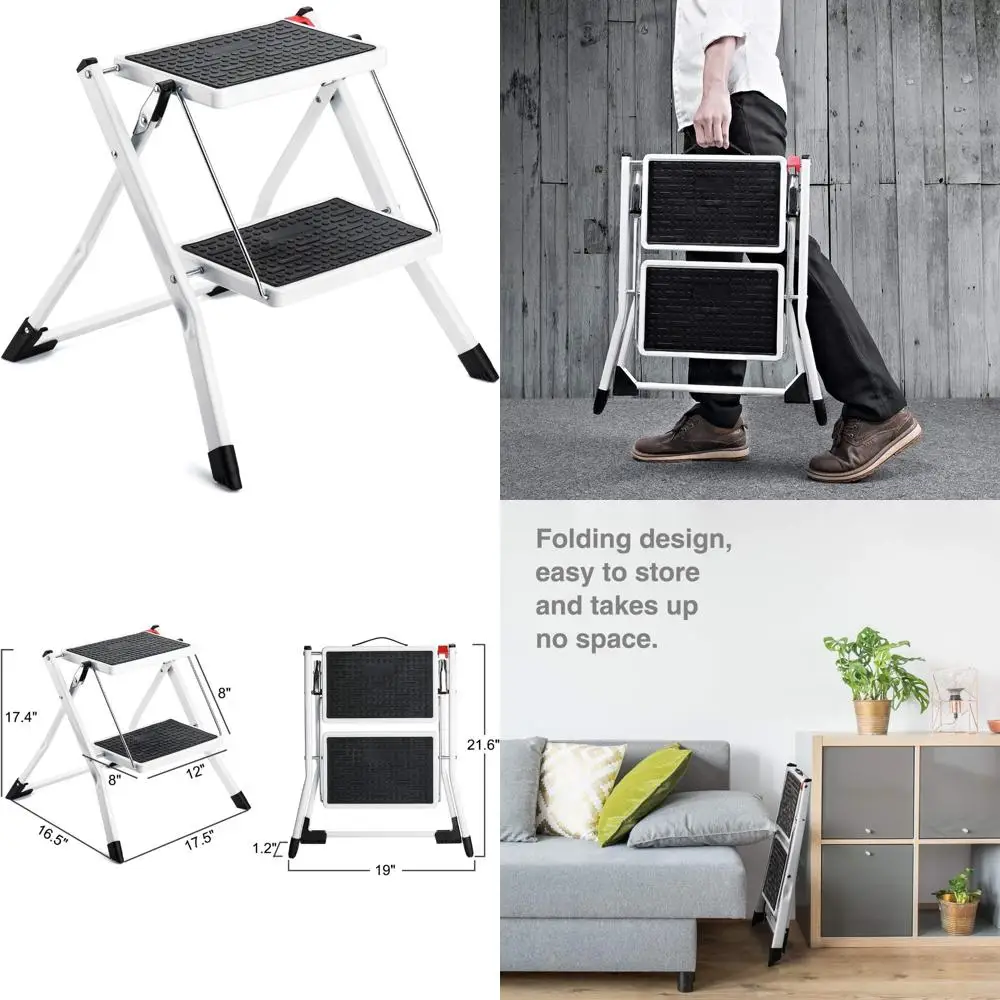 Taburete plegable de metal resistente de 2 pasos con peldaños anchos antideslizantes para adultos, ligero y portátil