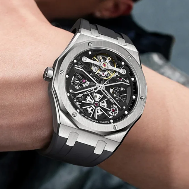 

Mark Fairwhale Men Automatic Watch 42mm Mechanical Wristwatch 50M Waterproof Luminous Skeleton Dial Rubber Strap
