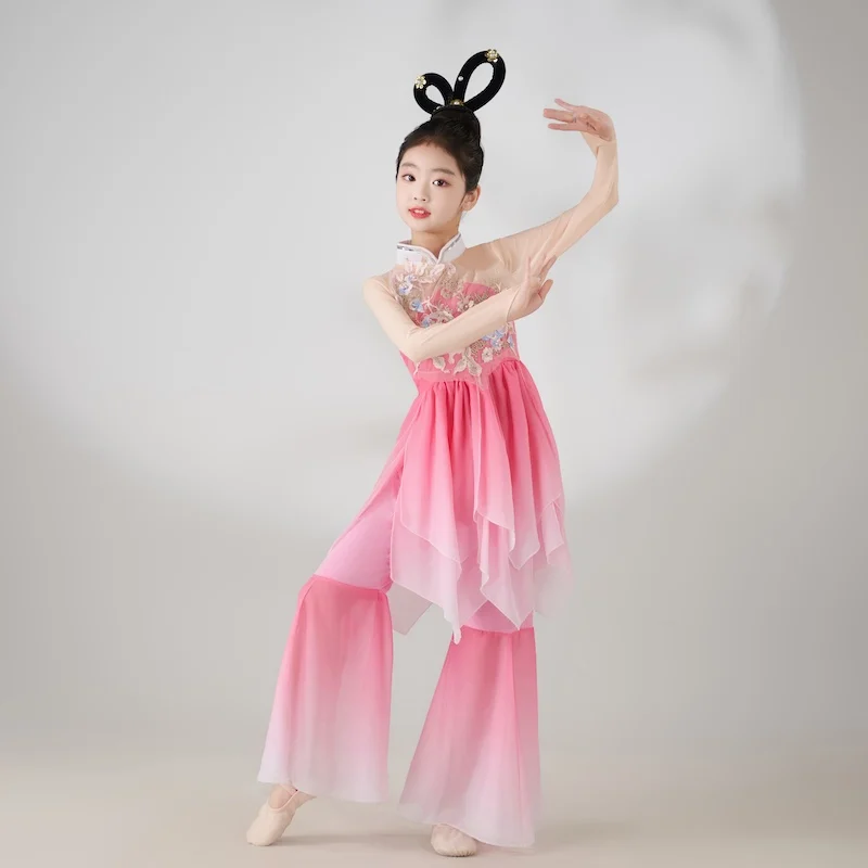 Danza classica per bambini Danza cinese Stile antico Elegante abito da ballo con fiori cadenti Tipo diviso