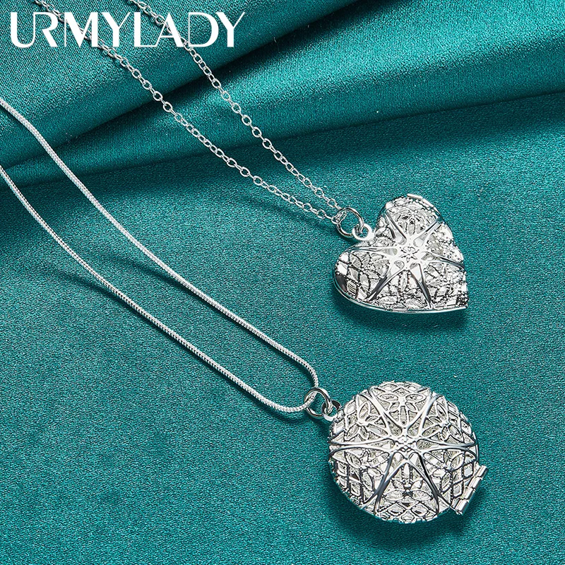 URMYLADY 925 Sterling Silver Heart/Round Photo Frame Necklace Jewelry Set For Women Men Wedding Party Fashion Charm Gift