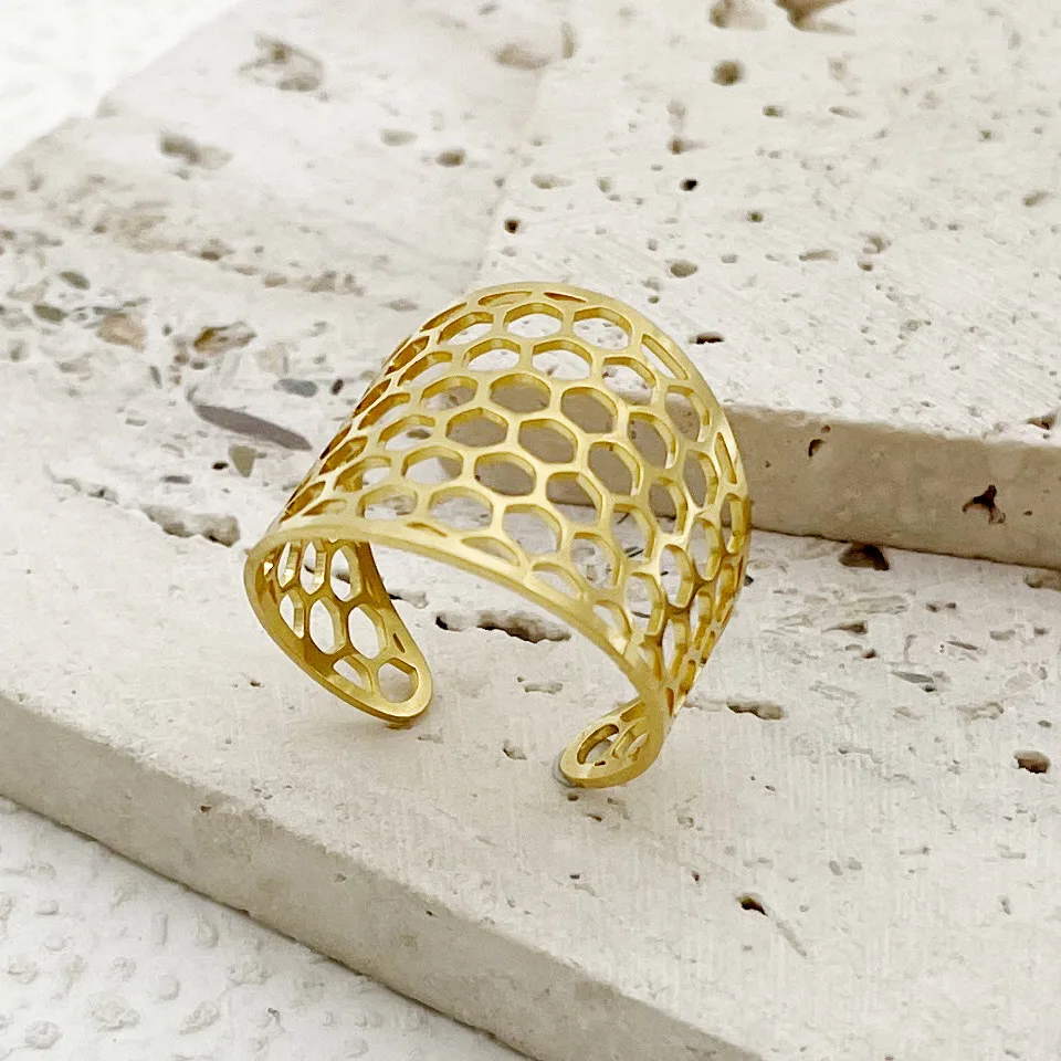 WOUWU Geometric Stainless Steel Wide Ring Hollow Vintage Filigree Flower of Life Finger Ring Women Couple Party Jewelry Gifts