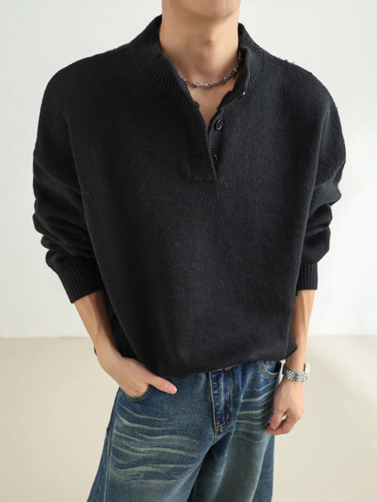 

Retro American Bla Henry Collar Knitwear Long Sve Men's Base Layer irt Autumn Winter Faion Casual Polyester Fiber