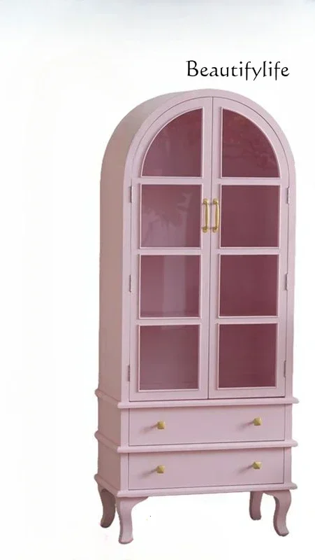 

French Pink Bookcase Bedroom Storage Japanese Solid Wood Arched Glass Door Bookshelf Living Room Vintage Display Cabinet