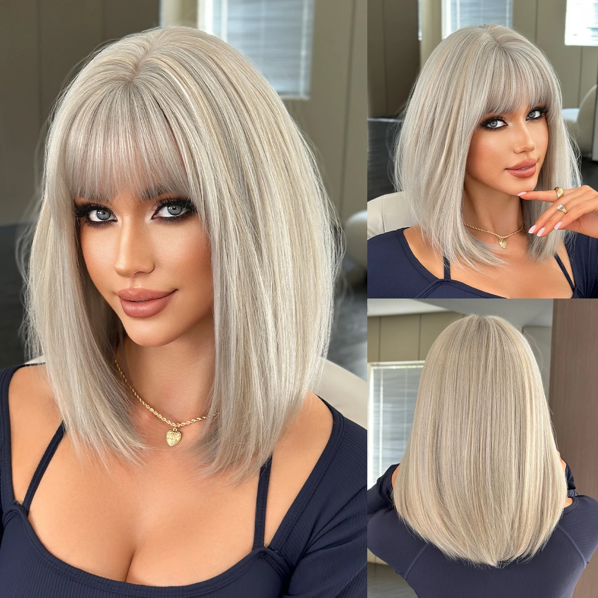 NAMM Synthetic Short Ash Wig Straight Heat Resistant Fiber Beautiful Fluffy Wigs For Women Daily Party Cosplay Use Beginner