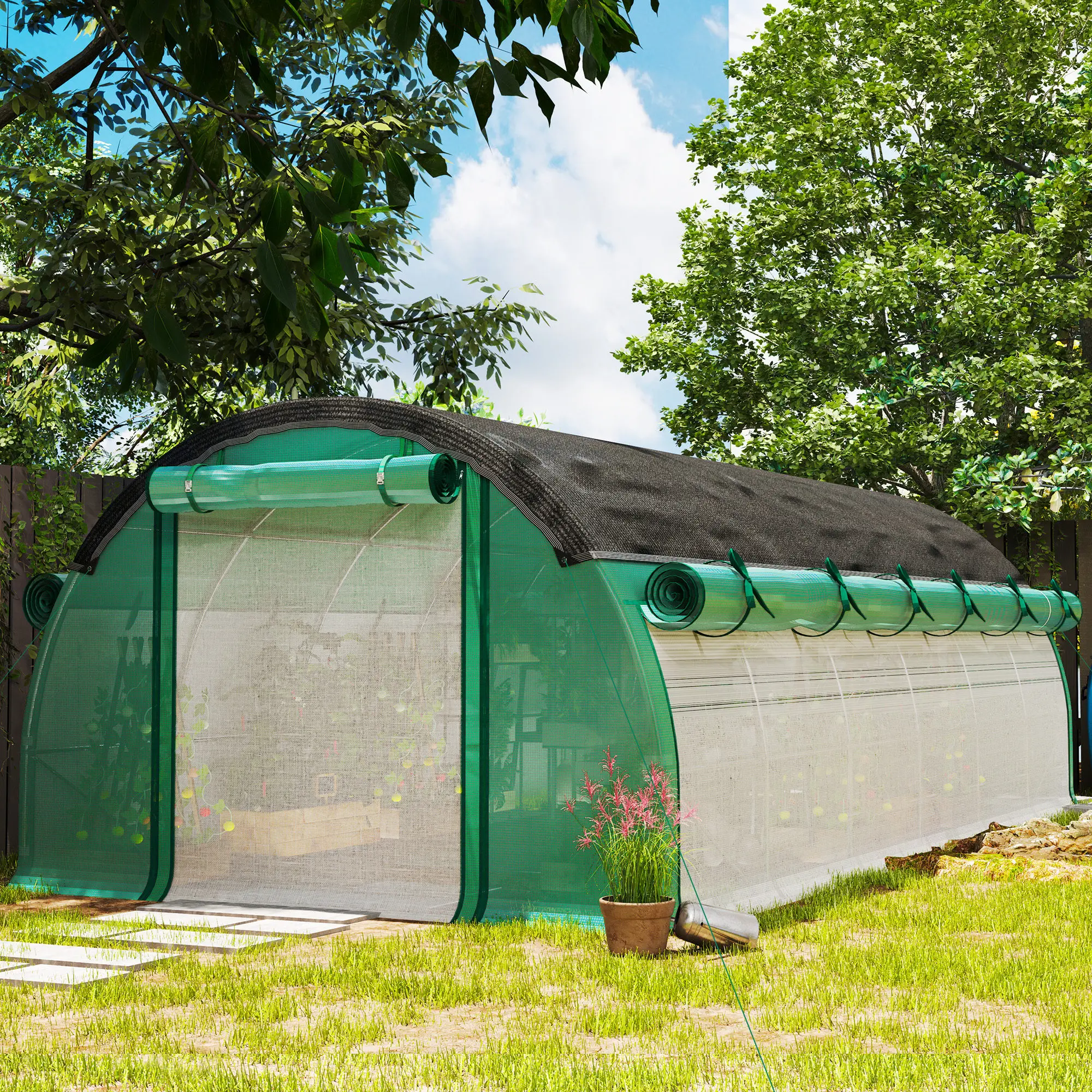 Serre tunnel Outsunny 6x3x2m avec 12 fenêtres, portes enroulables et parois latérales, couverture en PE renforcé 140 g/m² résistante aux UV, structure en acier galvanisé, ancres au sol, prête pour l'hiver, pour tomates, verte