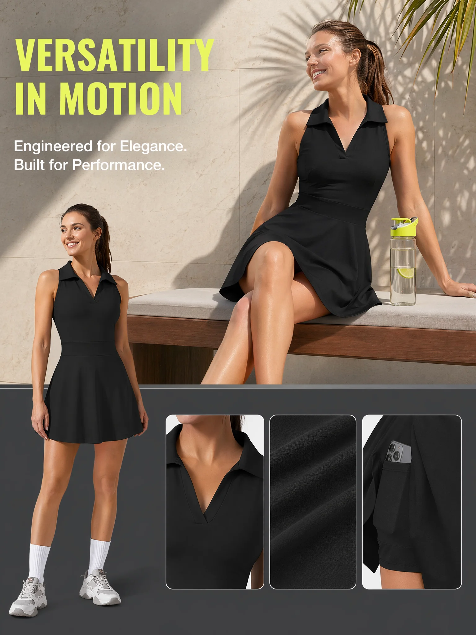 Ärmellose Golf- und Tenniskleider für Damen mit Innenshorts und Taschen für das Training – Detail 3