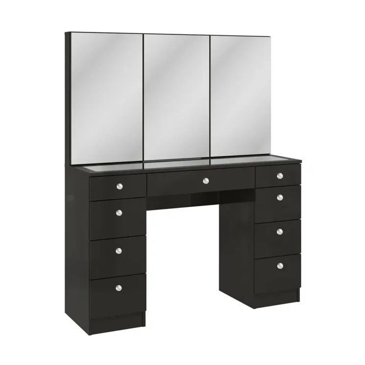 Wide Foldable Mirror Cabinets Glass Top Makeup Vanity with Crystal Ball Knob Bedroom Furniture 9 Drawers Storage Dressing Table