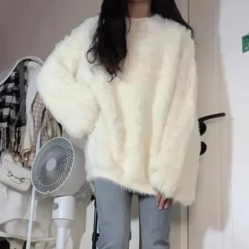 

French Gentle Style Imitation Mink Fleece White Pullover Sweater for Women Autumn Winter Loose Soft Comfort Warm Knitted Top