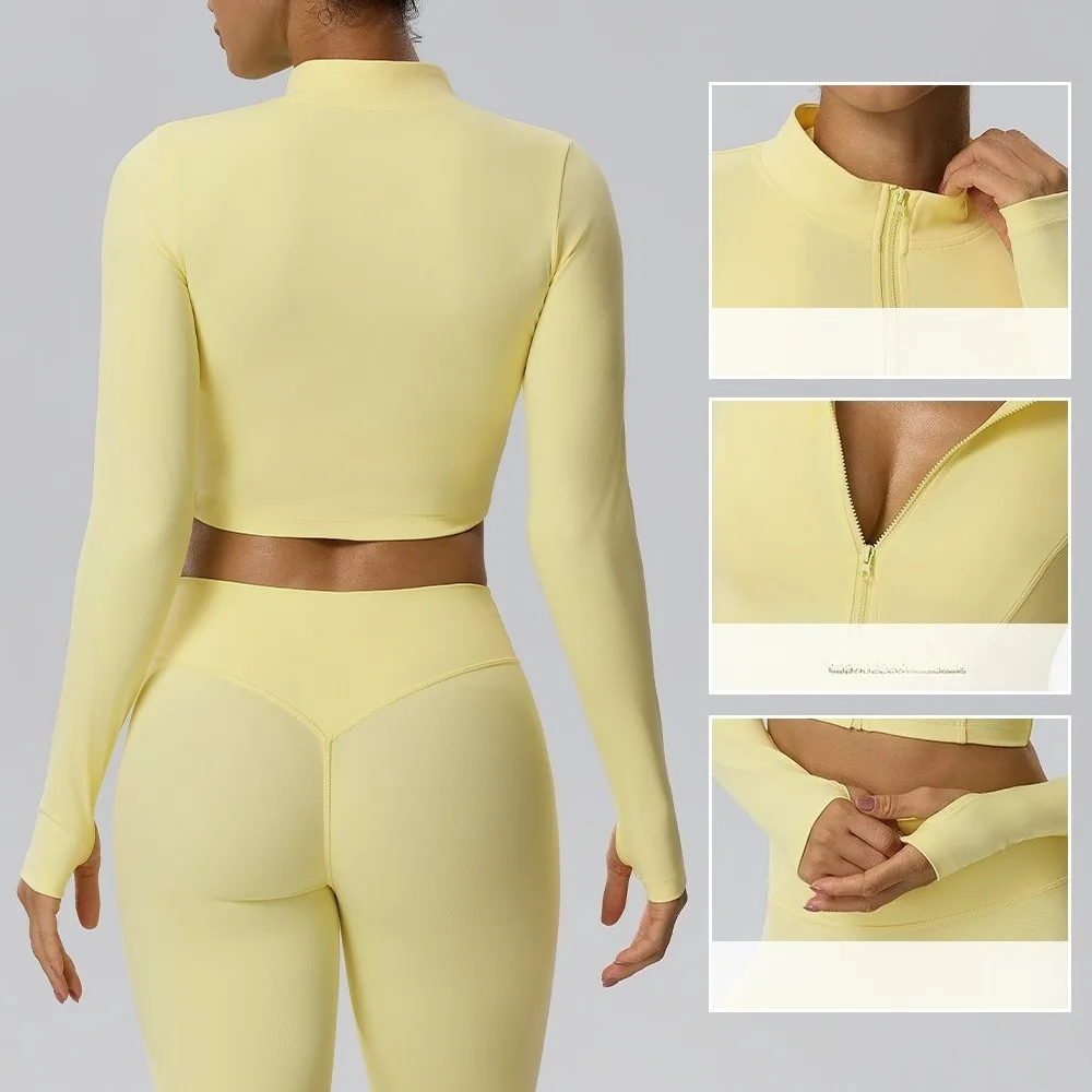 Women Zip‑Up Cropped Stand Collar Jacket Quick Dry Long Sleeve Open Cardigan for Yoga Outdoor Running Fitness