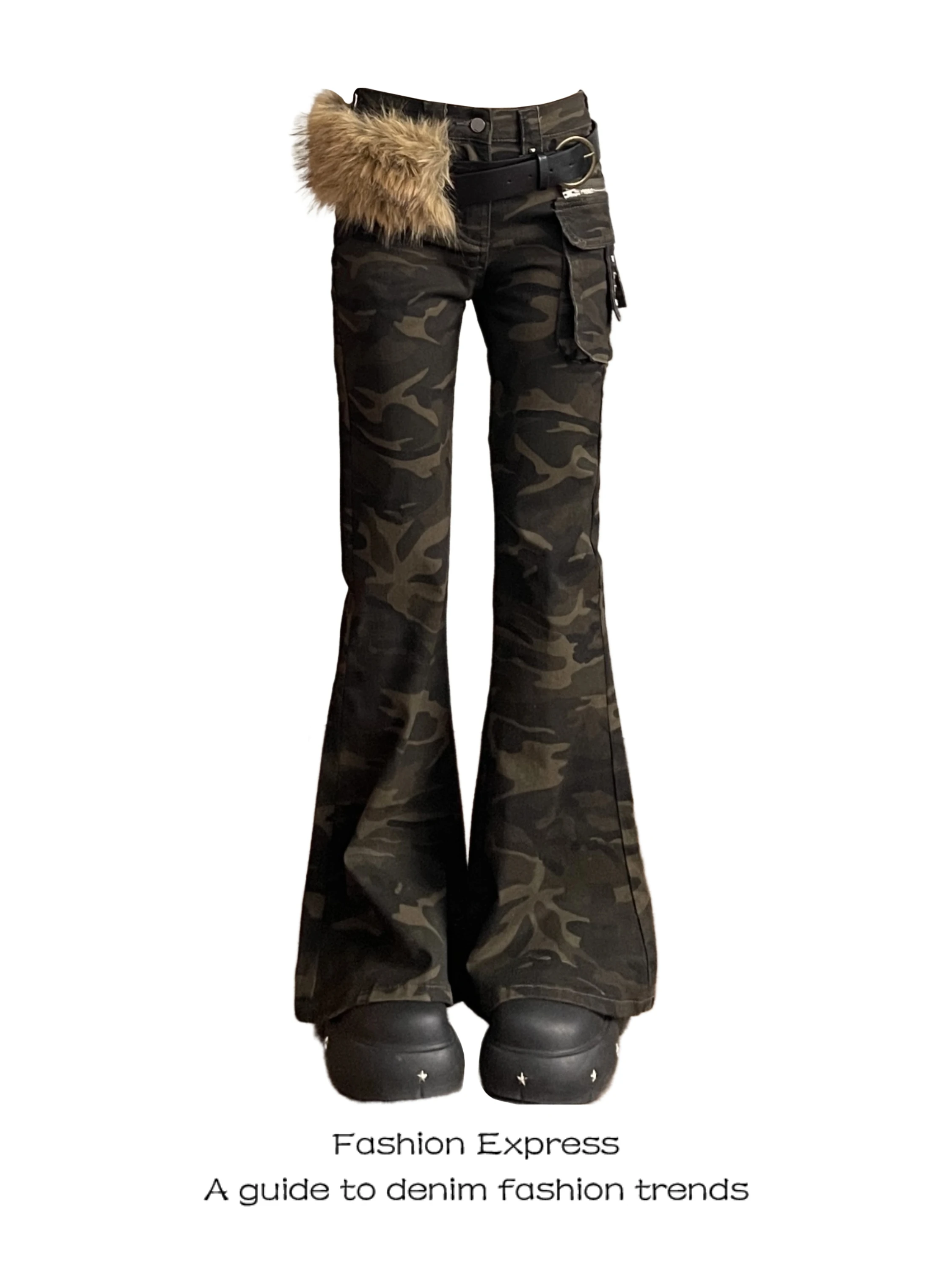 

Американские джинсы-клеш с высокой талией, слегка острый камуфляжный принт, облегающие, повседневные, для работы, для женщин, новинка зимы