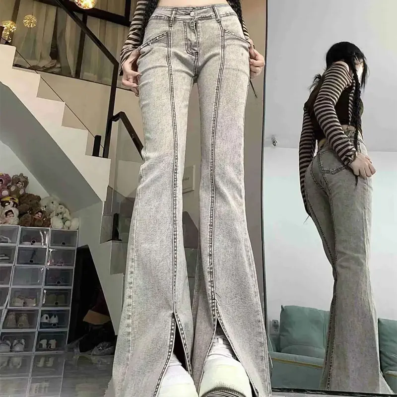 

Брюки-клеш с высокой талией и разрезом, женская одежда, милые джинсовые брюки, осенне-зимние винтажные узкие джинсы Bootcut