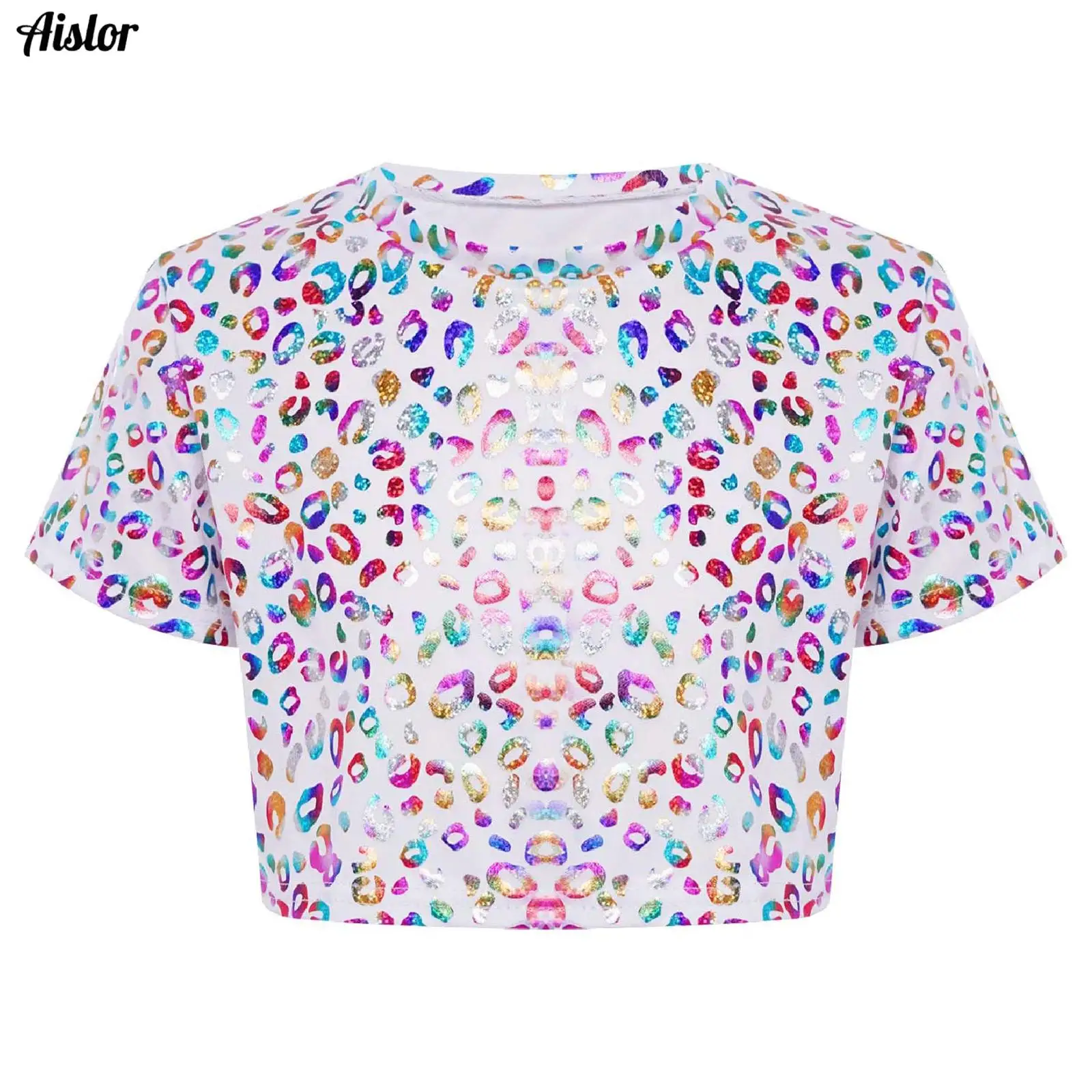 

Kids Girls Leopard Printed T-shirt Cheerleading Dance Crop Top Round Neck Short Sleeve Metallic Shirts Dance Performance Costume