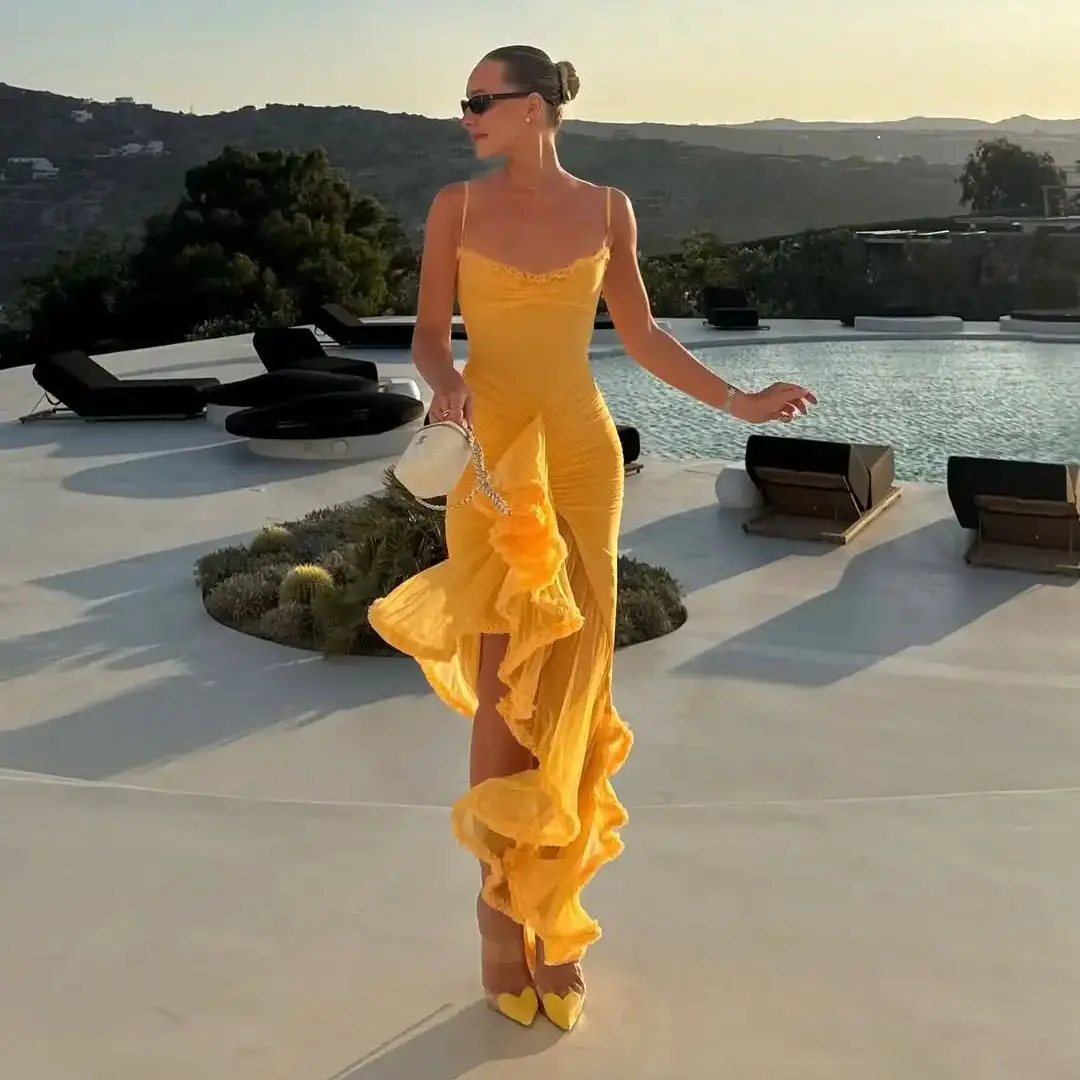 Ofherown شيك الأصفر السباغيتي حزام فستان الحفلة الراقصة المرأة كشكش عالية الشق سليم ثوب مسائي الدانتيل تقليم Ruched فستان حفلة عطلة #1