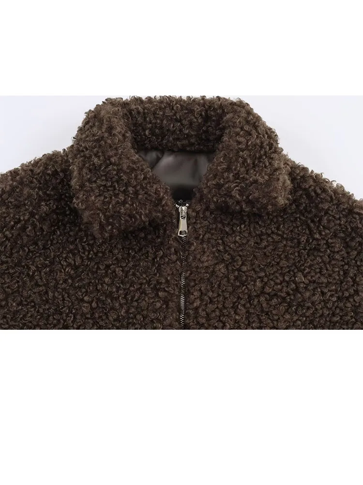 HH mujer nuevo invierno solapa cremallera manga larga chaquetas de lana sintética mujer suelta ocio moda calle estilo Chaqueta corta