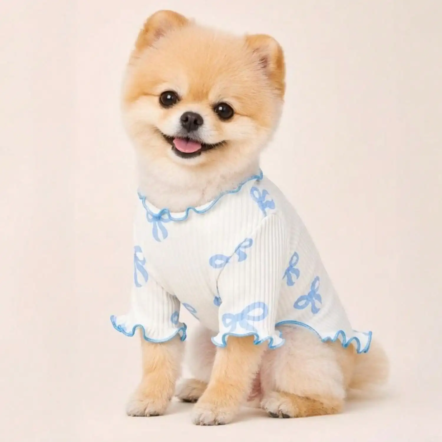 Geripptes Haustier-T-Shirt mit Herz- und Schleifendruck und Rüschenbesatz für kleine Hunde und Katzen – Detail 19