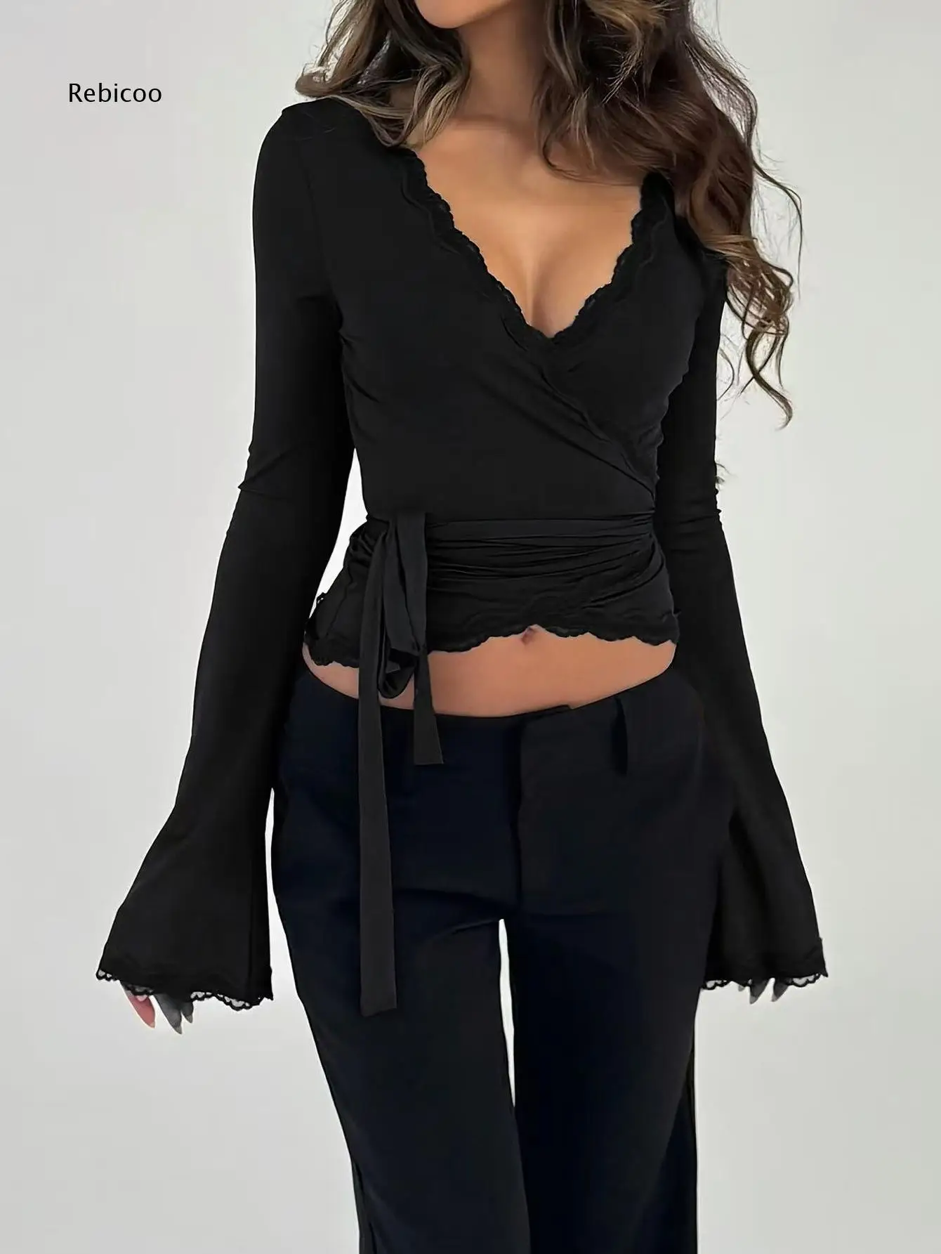 Womens Deep V Neck Wrap Top Long Flare Sleeve Lace Edge Detail Self Tie Waist Ruched Cropped Slim Fit Daily Wear Blouse