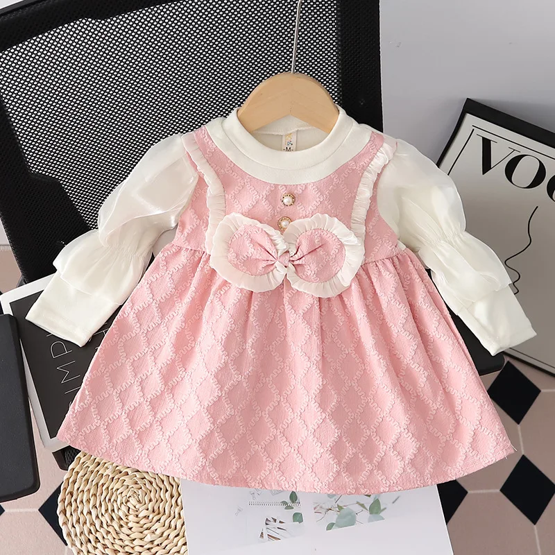 Baby Girl Dress Spring/Autumn Cotton Bow Round Neck Lantern Sleeve Baby Dresses Cute Casual Baby Girl Clothing