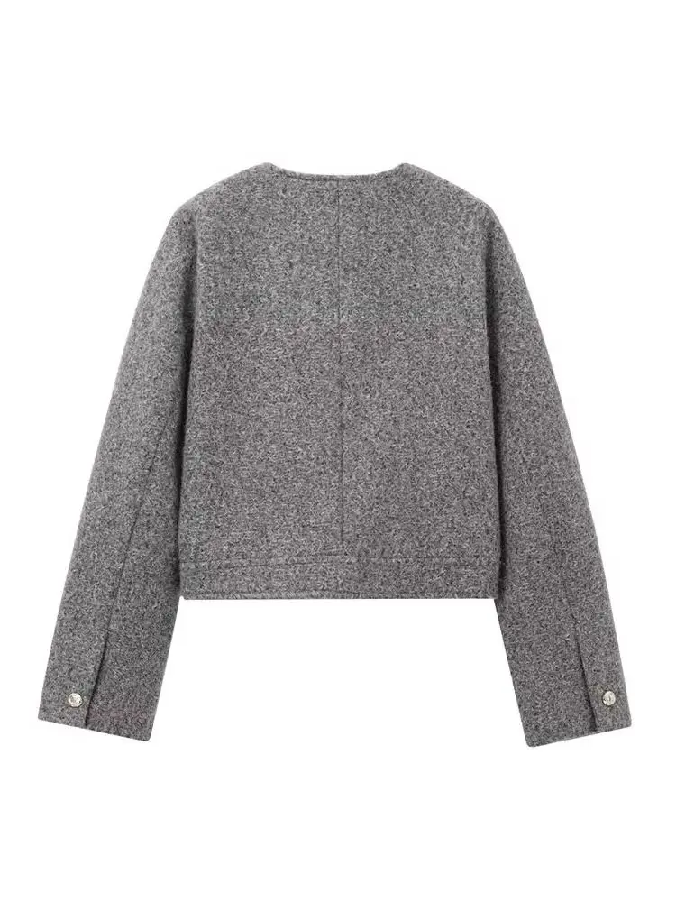 เสื้อโค้ทผู้หญิง แขนยาว คอทรงกลม ติดกระดุมเดี่ยว มีกระเป๋า แต่งกระดุม  สไตล์ลำลอง สำหรับฤดูหนาว  สไตล์สตรีท  แจ็คเก็ตสั้น