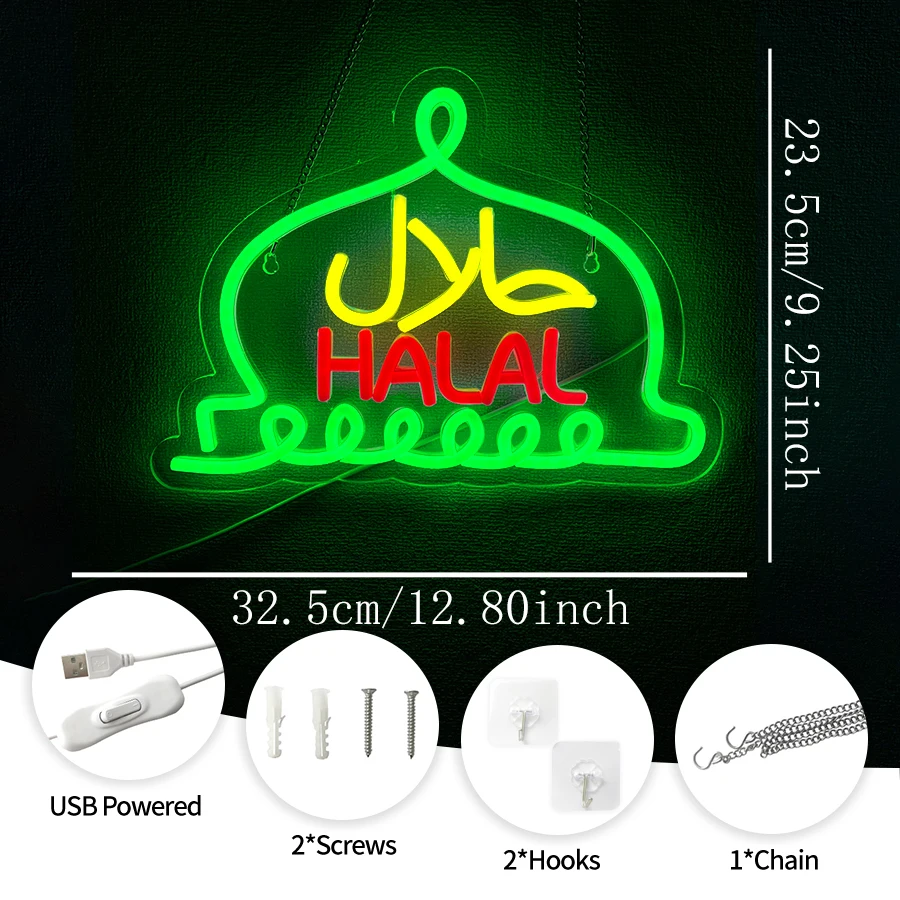 Halal Neon Sign Halal Food Arabic Restaurants LED Light Up Signs for Business Store Wall Decor Christmas Party Gift USB Powered