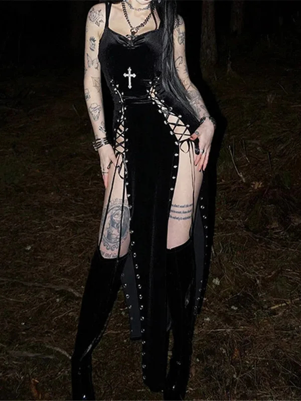 Goth Dark Punk Hoge Split Zoom Bandjes Jurk Streetwear Jurk Vrouwen Sexy Maïs Bandage Fluwelen Jurken Mall Gothic Kleding PF5K