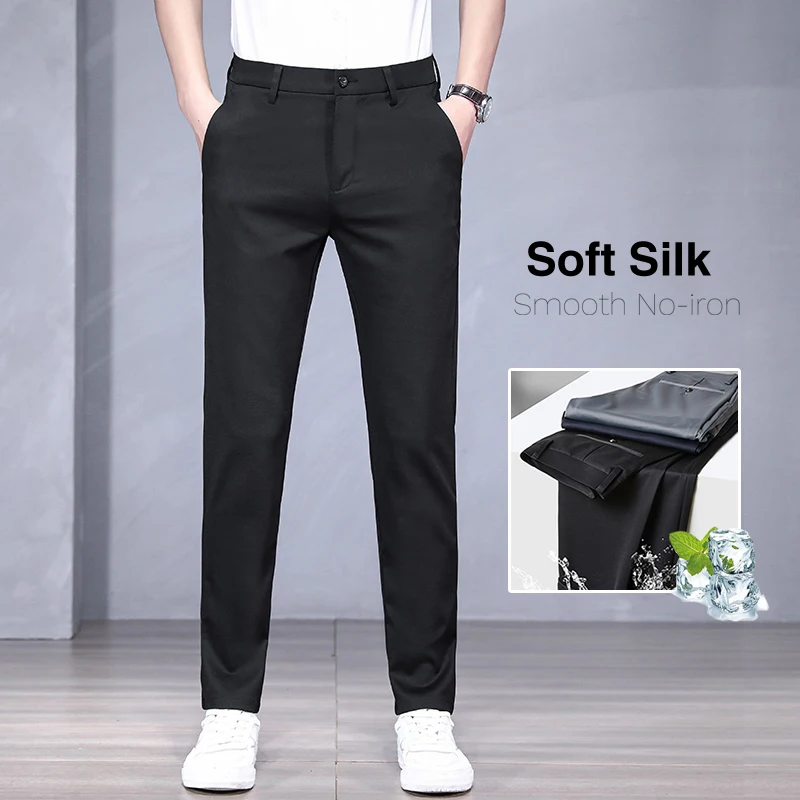 

Summer Thin Ice Silk Mulberry Silk Casual Pants Men's Slim Straight Fashion Stretch Suit Pants Male Business Trousers