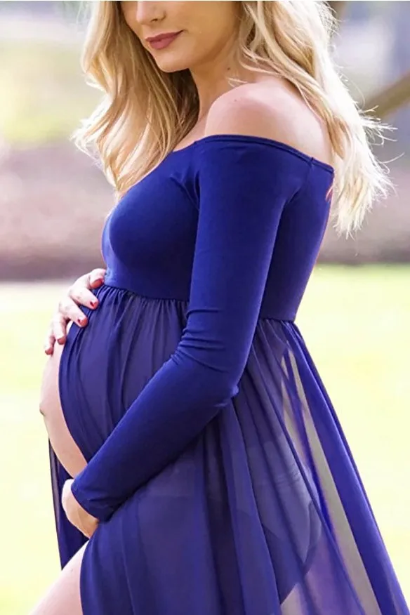Maternity Blue Sexy Deep One Collar Dress Maternity Long Sleeve Mercerized Cotton Chiffon Slim Fit Trailing Dress Photo Dress