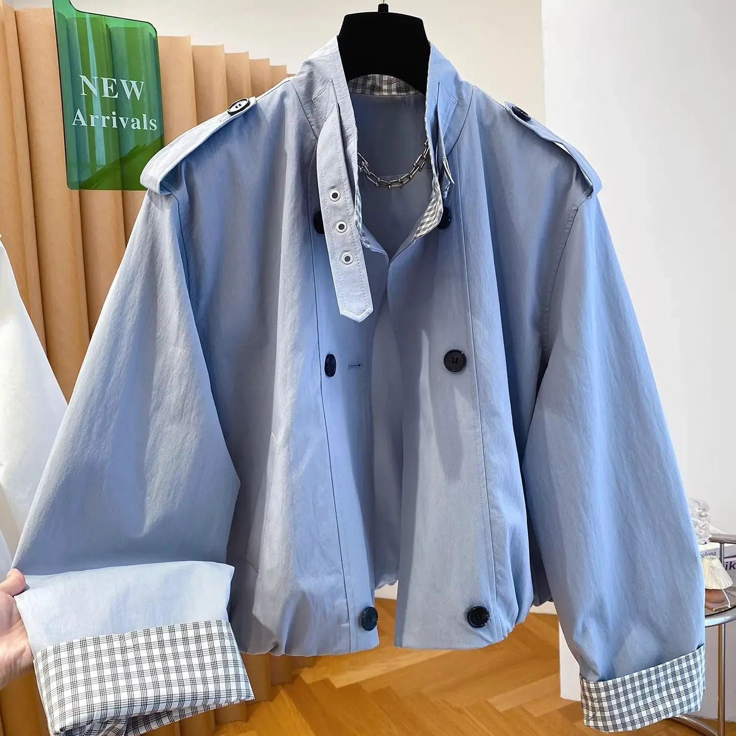 

Premium plaid splicing white short coat women's 2026 spring new loose casual versatile stand-up collar jacket