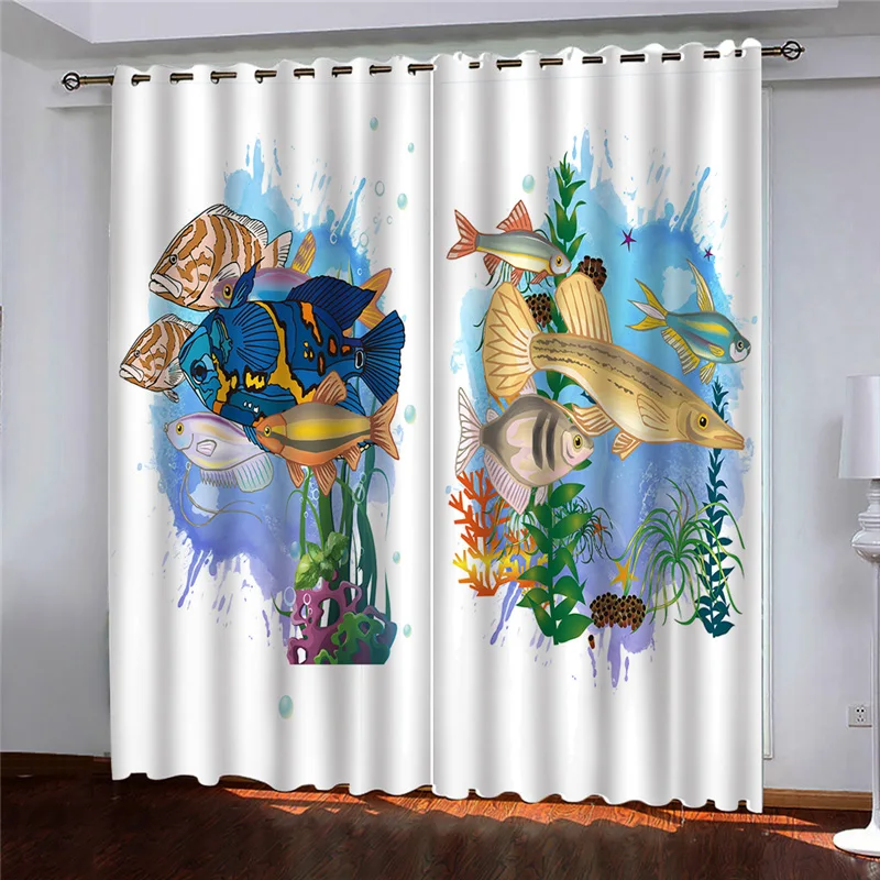 HUANZHUANG Blackout Curtains For Window Marine Animal Fish Cheap Custom Big Size 2 Pieces Curtains For Living Room Bedroom Drape