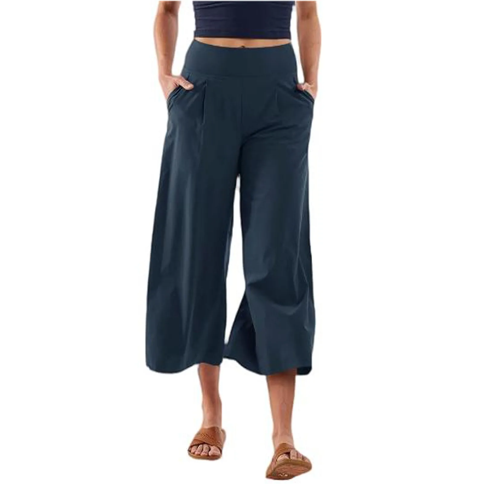 

Pants For Women Casual Solid Elastic High Waist Loose Wide Leg Pants With Pockets Daily Regular Basic Comfy All-Match Pants