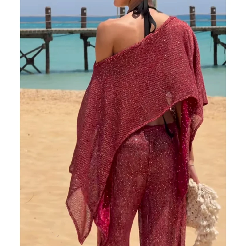 Combhasaki Women Summer Boho Off Shoulder Sheer See-through Ponchos Shimmer Shiny Sequin Irregular Hem Knitwear Cover-up Tops