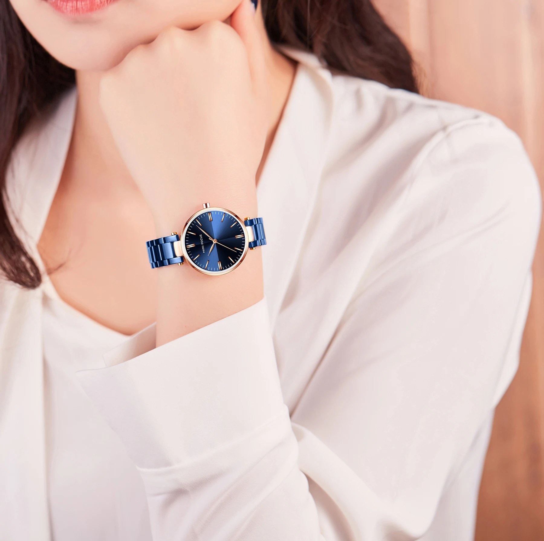 Mini Focus MF0265L elegante reloj de pulsera para mujer moda de lujo banda de acero inoxidable azul relojes de cuarzo impermeables para mujer