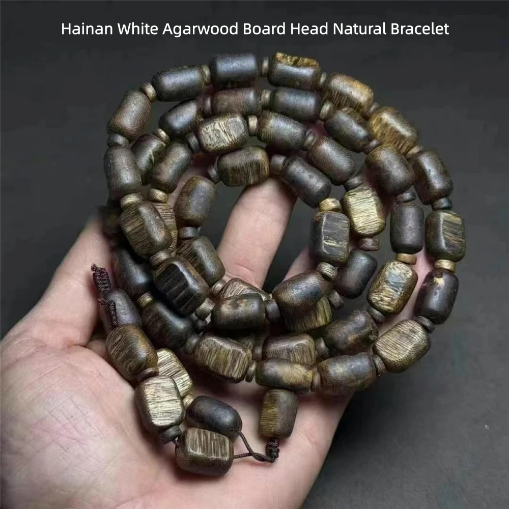 Hainan White Agarwood Board Head Bracelet,Natural Barrel Beads,Jadeized Old Material,Green Agarwood,Collectible Cultural Jewelry